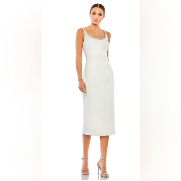 Ieena‎ for Mac Duggal, Jeweled Scoop Neck Fitted Midi Dress, Ivory, Size 10, NWT - Picture 1 of 16